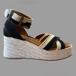 Naomi-Raf Ankle Black & Tan Color-Block Strap Espadrille Wedge Sandal size 8.5